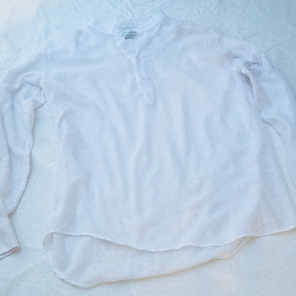 Sheer, vintage, white 100% cotton monk collar shirt